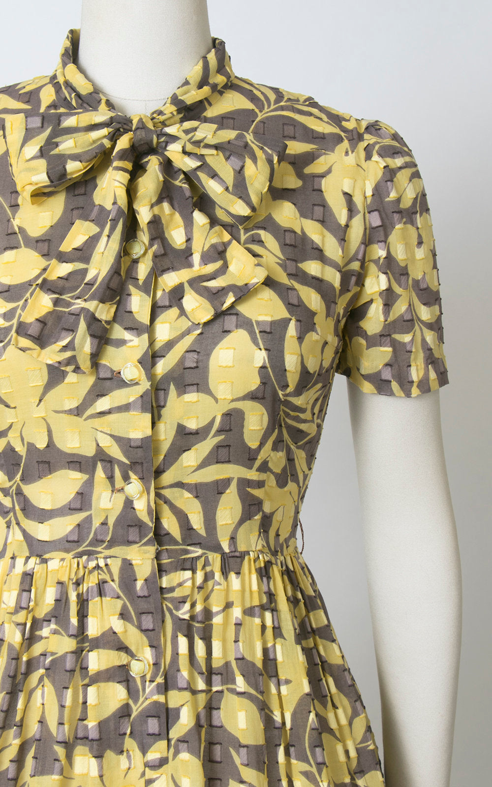 Vintage 1960s Dress | 60s Floral Cotton Secretary Shirt Dress Chartreuse Pussy Bow Shirtwaist Day Dress (medium)