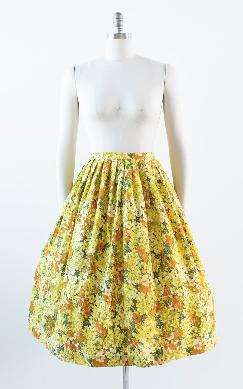 Vintage 1950s Skirt | 50s Floral Print Cotton Yellow Full Swing Skirt (small)
