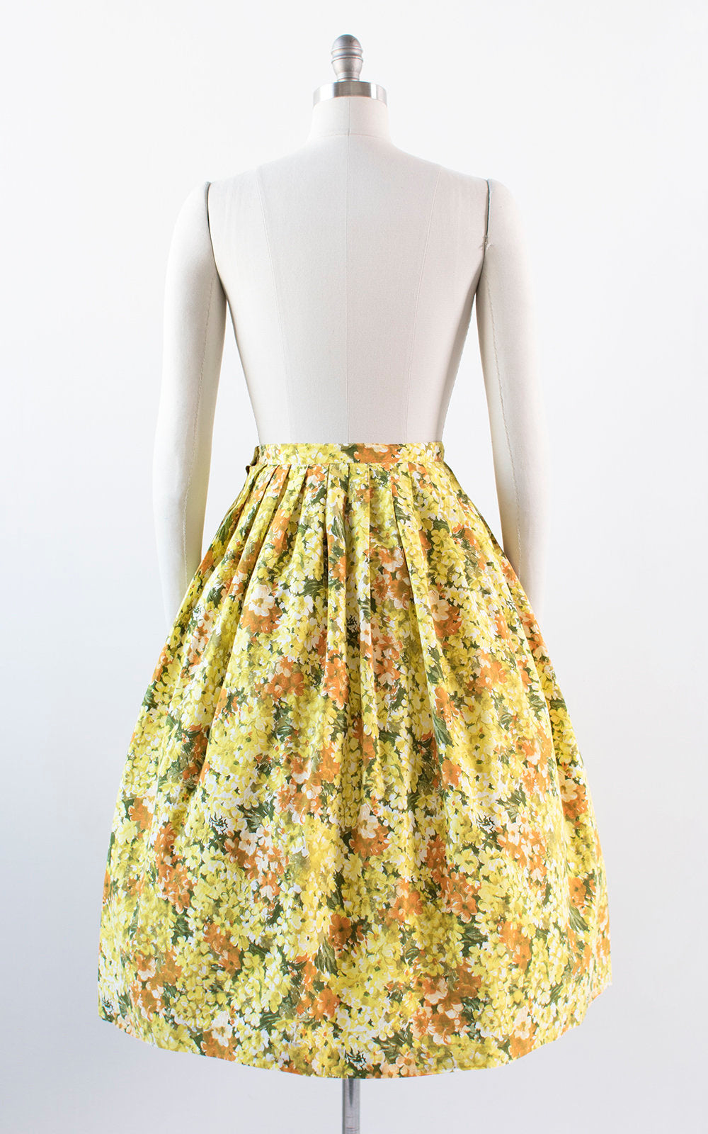 Vintage 1950s Skirt | 50s Floral Print Cotton Yellow Full Swing Skirt (small)