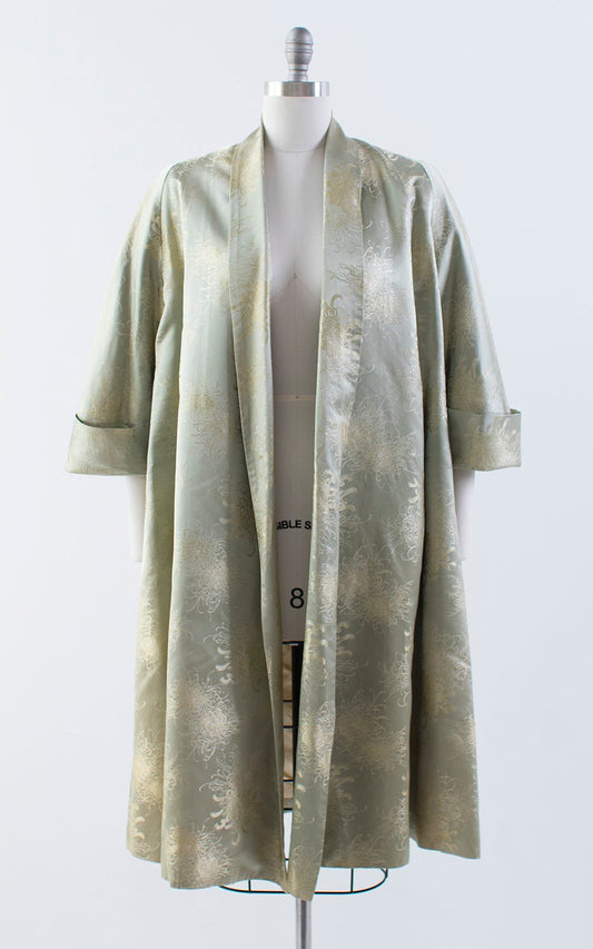 Vintage 1950s Swing Coat | 50s Silk Satin Asian Chrysanthemum Floral Metallic Jacquard Evening Jacket Opera Jacket (medium)