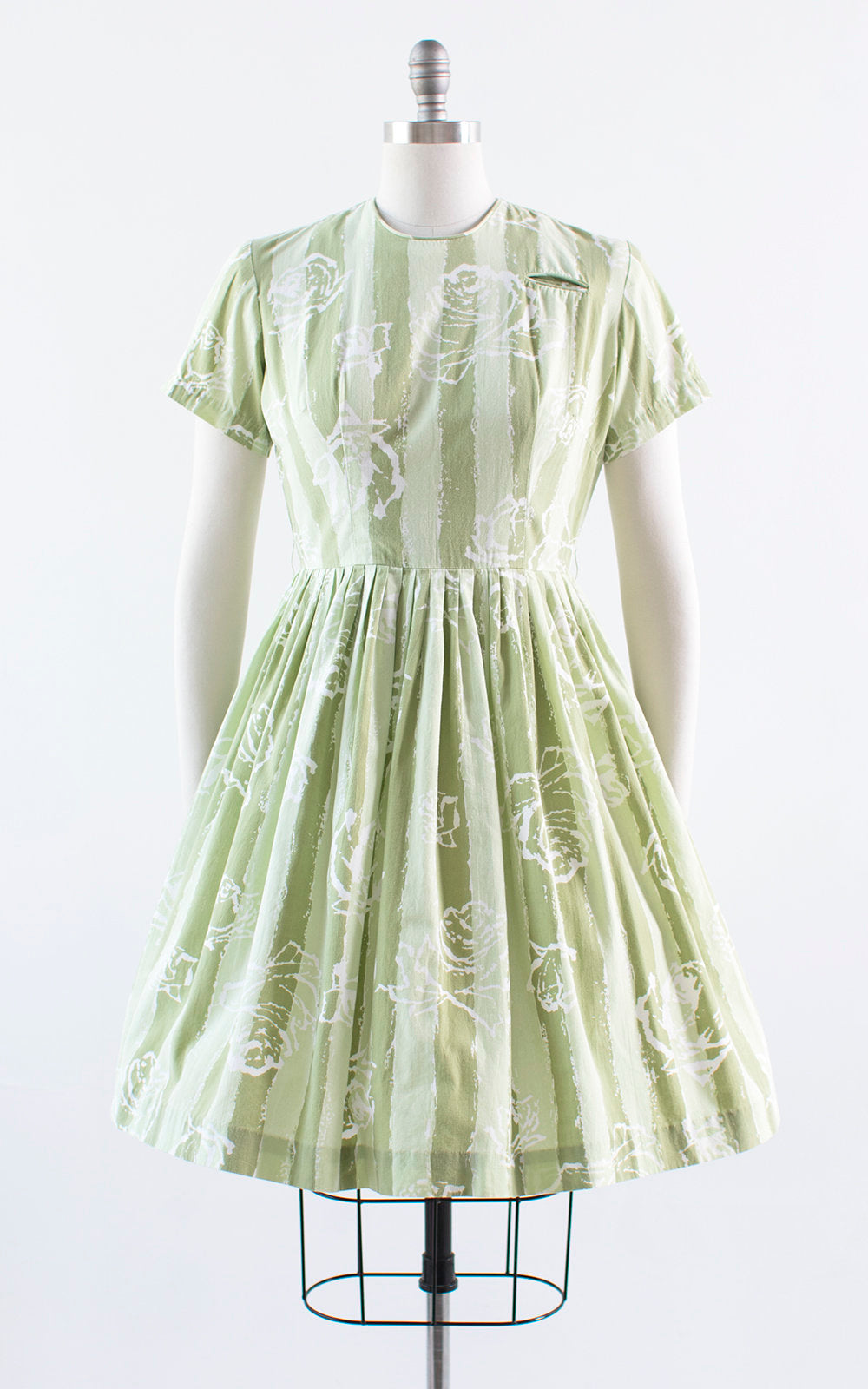 Vintage 1950s Dress | 50s Rose Floral Striped Cotton Green Full Skirt Day Dress (medium)