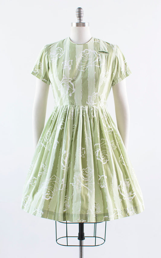 Vintage 1950s Dress | 50s Rose Floral Striped Cotton Green Full Skirt Day Dress (medium)