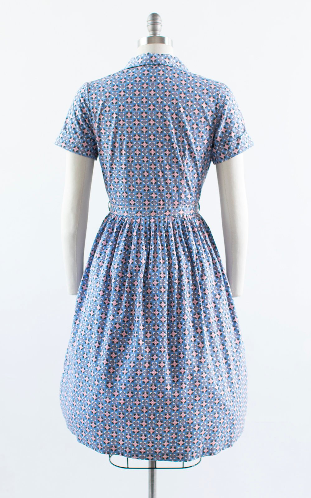 Vintage 1950s Dress | 50s Geometric Polka Dot Cotton Shirt Dress Blue Pink Shirtwaist Day Dress (medium)