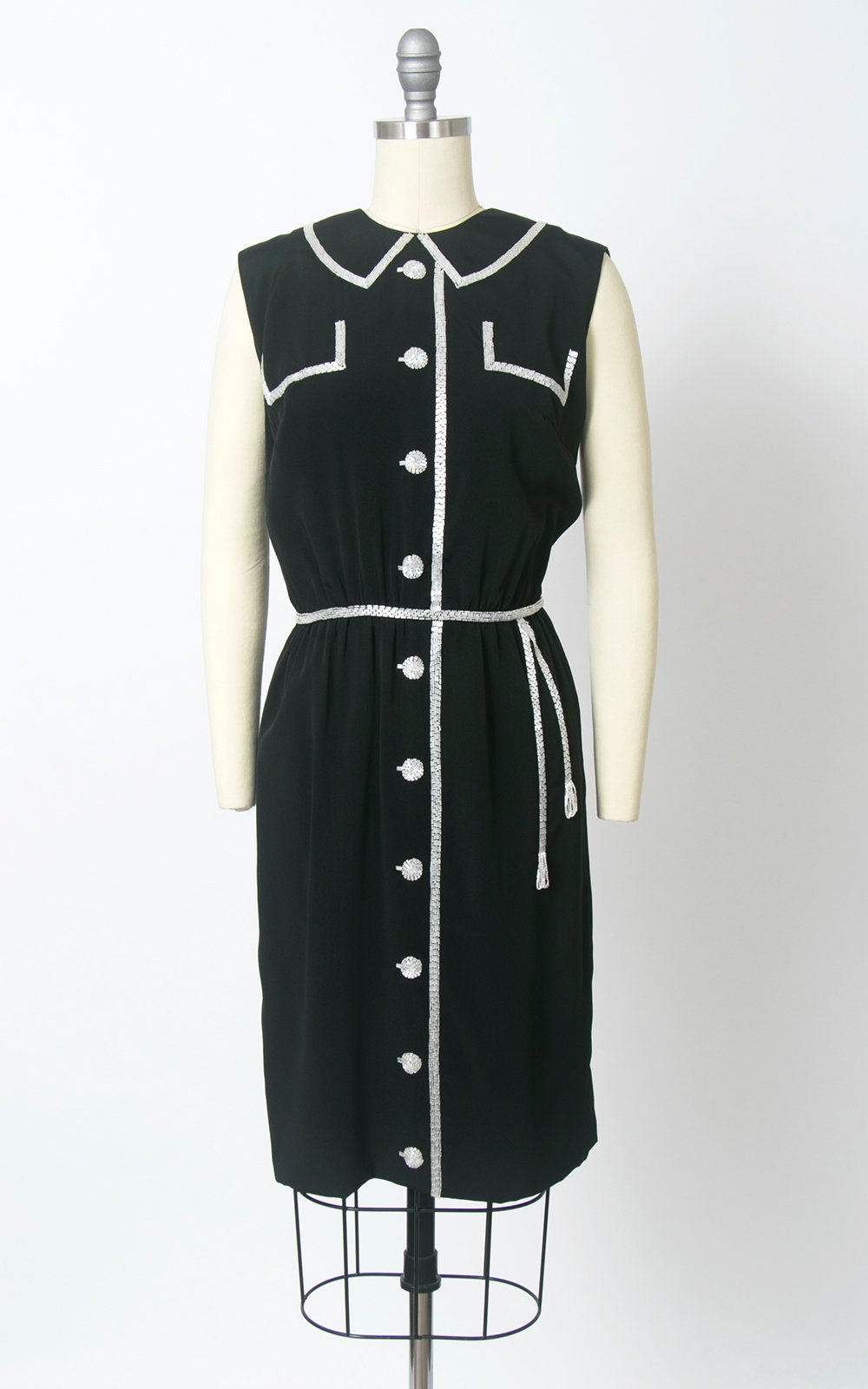 Vintage 1960s Dress | 60s Trompe L&#39;Oeil Beaded Rayon Crepe Black Faux Shirtwaist Sheath Cocktail Party Dress (small)