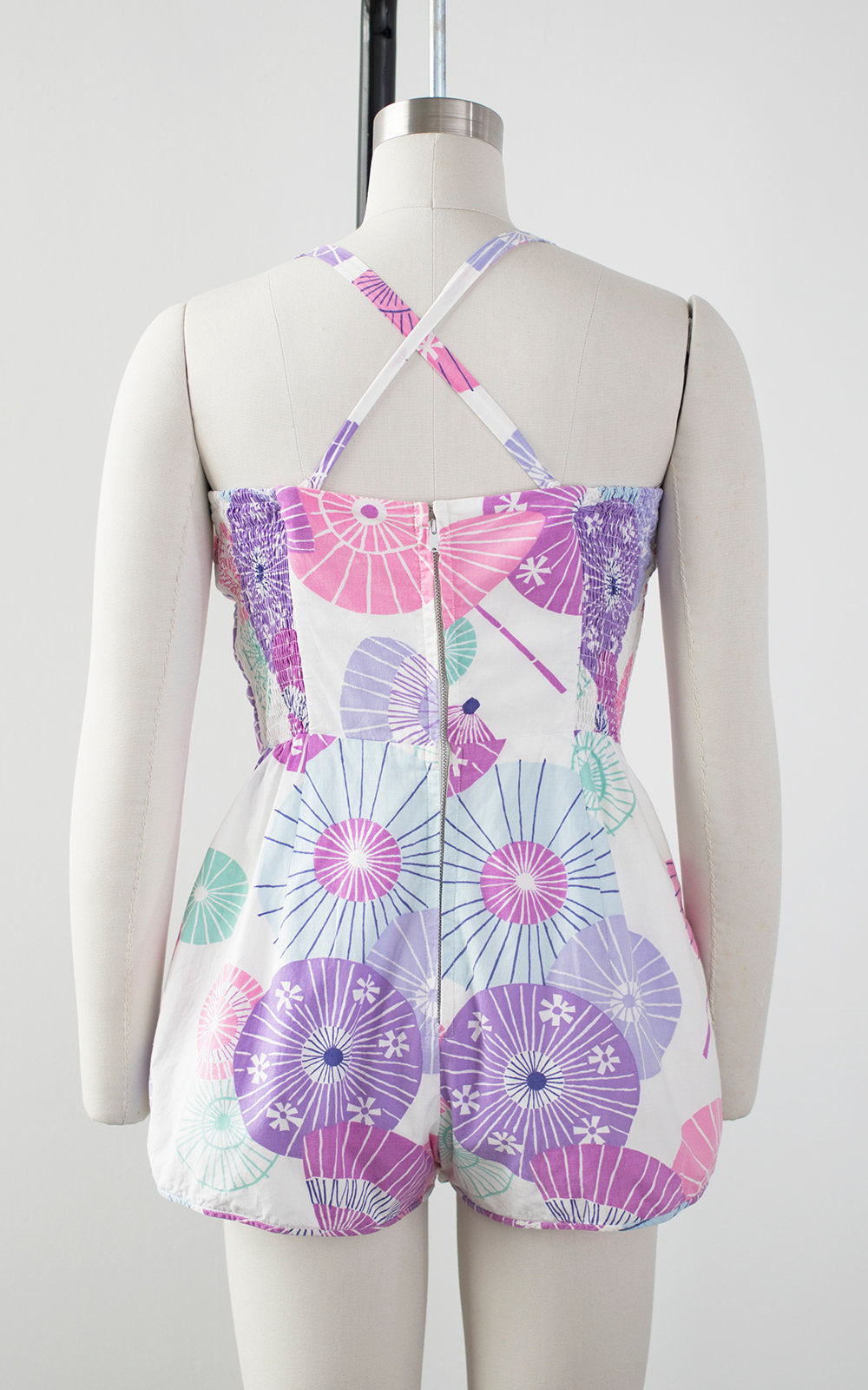 Vintage 1960s Romper | 60s Asian Parasol Novelty Print Cotton Playsuit Smocked Hawaiian Bathing Suit (small/medium)