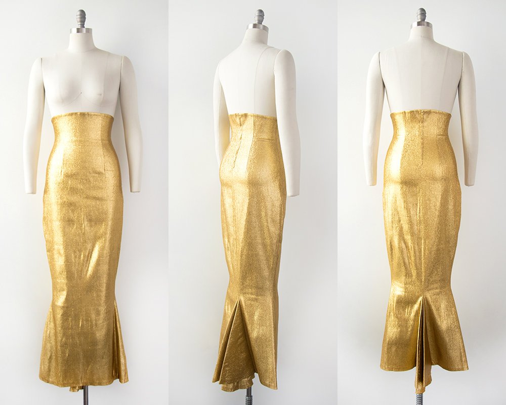 RARE Vintage 1950s Set | 50s Metallic Gold Lamé Blouse Cigarette Pants Mermaid Skirt Bombshell Outfit (small/medium)