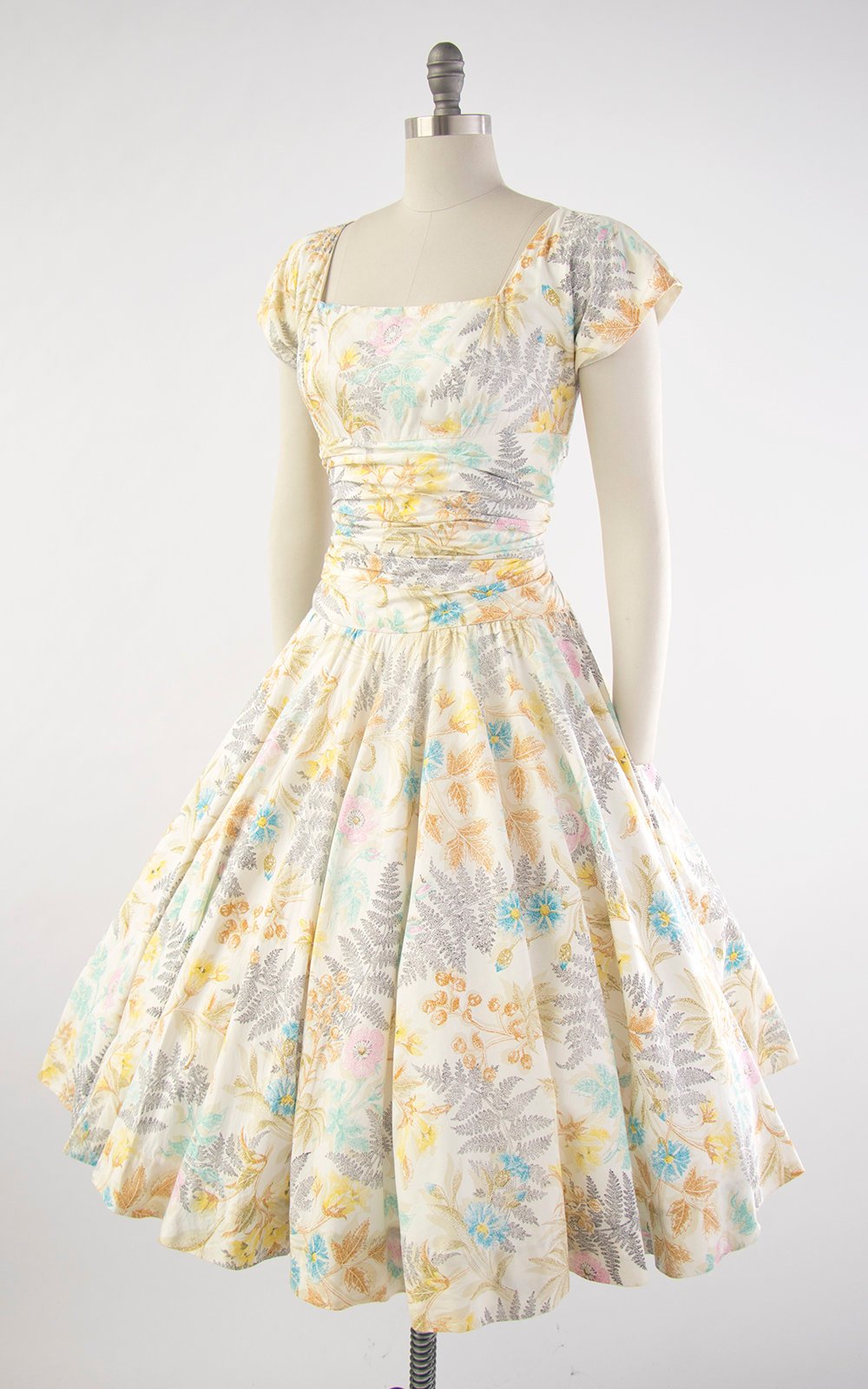Vintage 1950s Dress | 50s PAT PREMO Fern Floral Print Cotton Circle Skirt Cream Pleated Drop Waist Day Dress (medium)