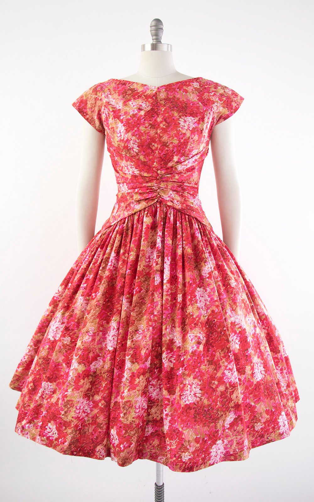 Vintage 1950s Dress | 50s Floral Cotton Pink Full Skirt Pleated Drop Waist Bow Party Dress (medium)