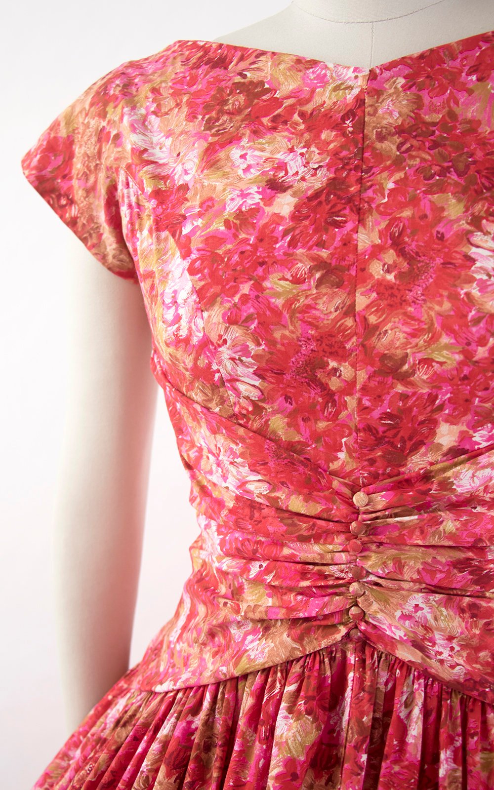 1950s Pink Floral Drop Waist Cotton Dress | medium Birthday Life Vintage 1950s Pink Floral Drop Waist Cotton Dress | medium Birthday Life Vintage