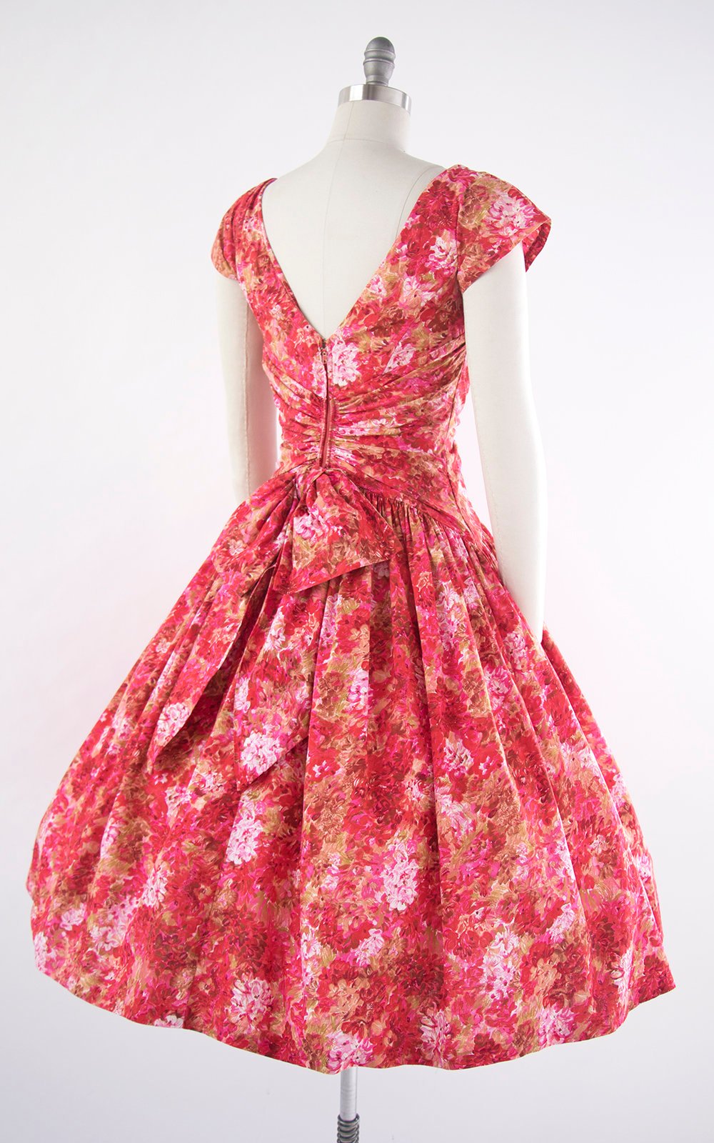 Vintage 1950s Dress | 50s Floral Cotton Pink Full Skirt Pleated Drop Waist Bow Party Dress (medium)