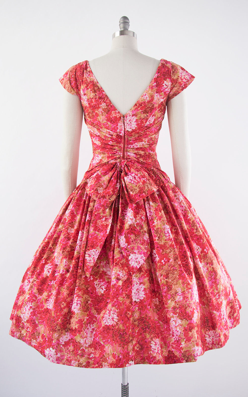 Vintage 1950s Dress | 50s Floral Cotton Pink Full Skirt Pleated Drop Waist Bow Party Dress (medium)