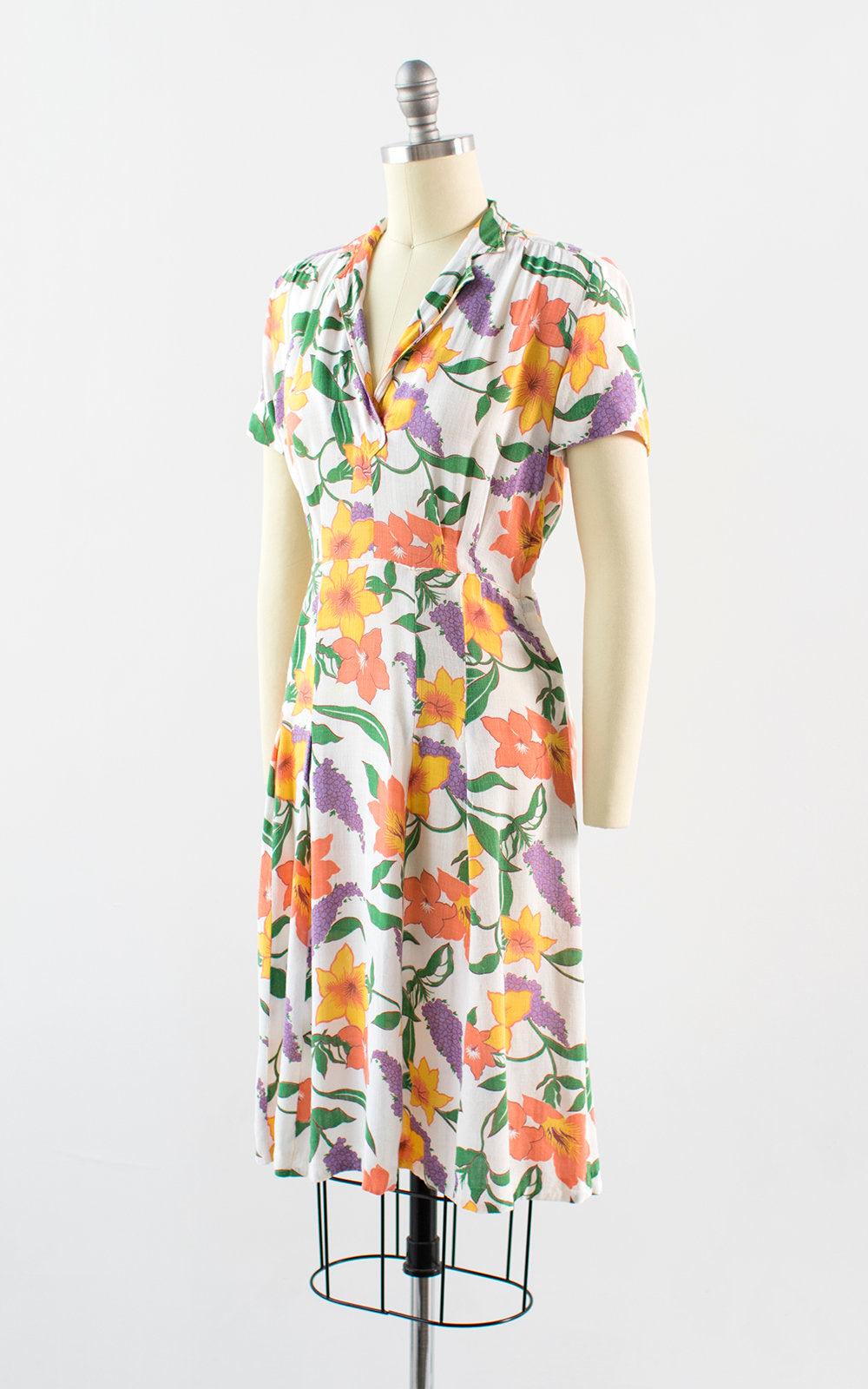 Vintage 1930s Dress | 30s Floral Print Cotton Linen Day Dress White Tea Dress (small/medium)