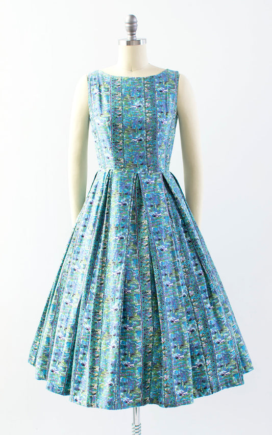 Vintage 1950s Dress | 50s Egyptian Novelty Print Cotton Sundress Blue Full Skirt Day Dress (x-small/small)