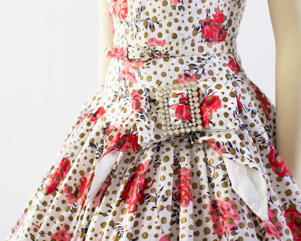 Vintage 1950s Dress | 50s Rose Floral Metallic Polka Dot Cotton Sundress White Strapless Drop Waist Full Skirt Day Dress (x-small)