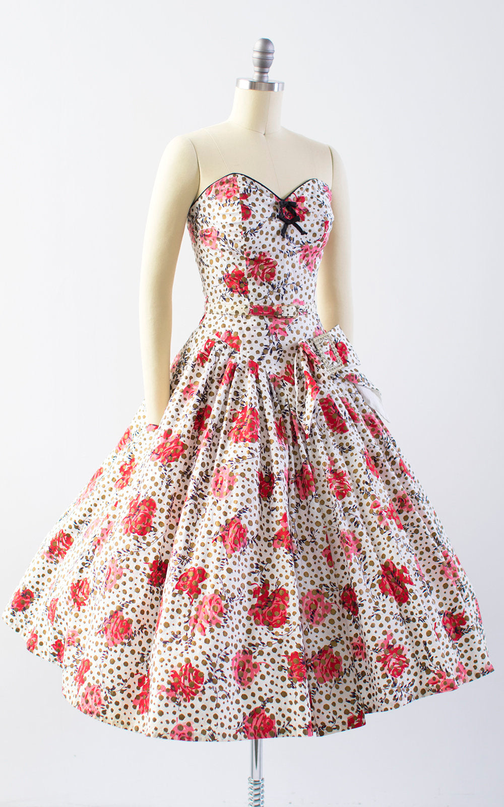1950's red polka dot dress 1950s Metallic Polka Dot Rose Strapless Sundress