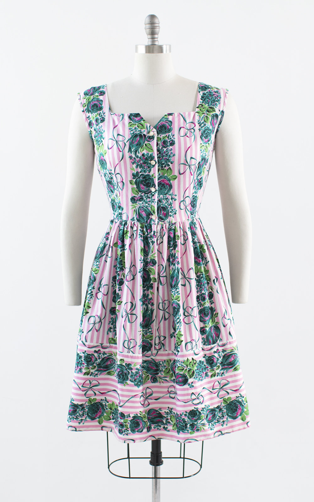 Vintage 1950s Dress | 50s Floral Striped Bow Print Cotton Sundress Pink Blue Shirtwaist Day Dress (small)
