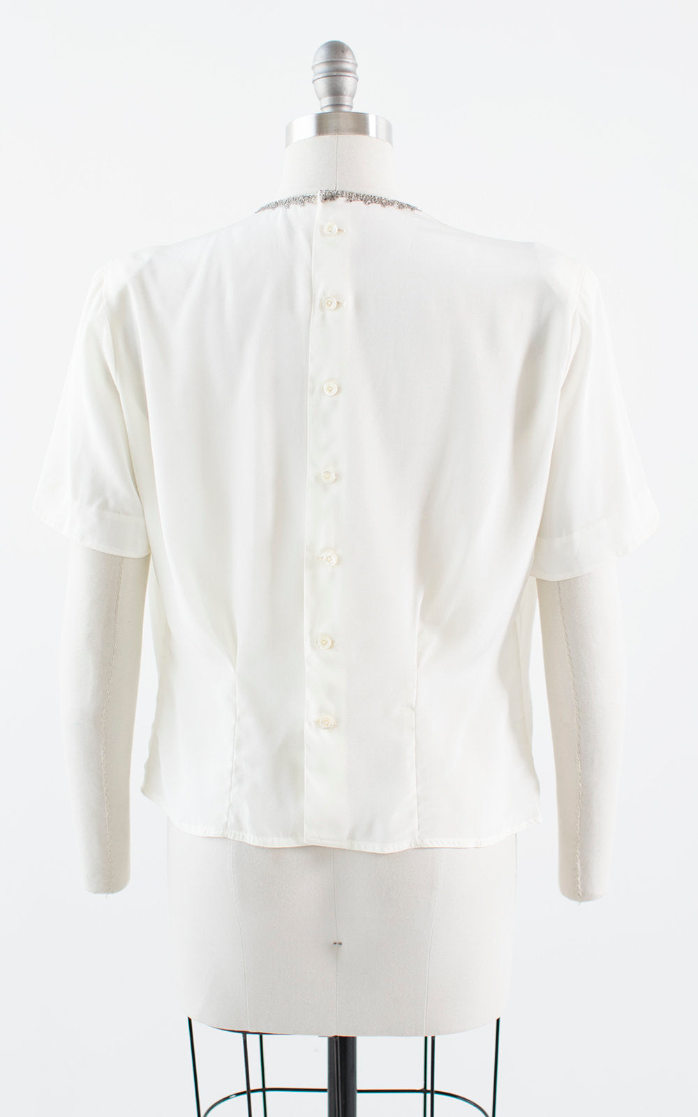 Vintage 1940s 1950s Blouse | 40s 50s Beaded Rhinestone White Rayon Button Back Short Sleeve Top (medium)