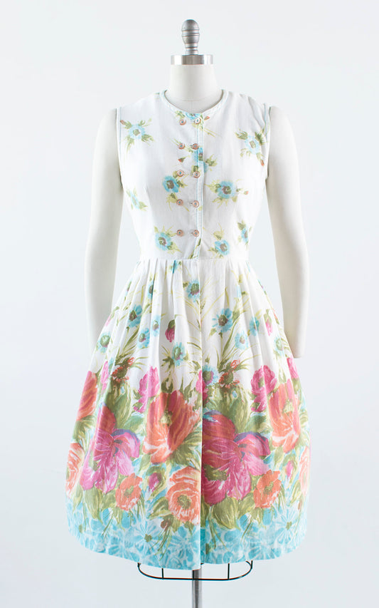 Vintage 1950s Dress | 50s Floral Border Print Cotton Sundress White Shirtwaist Day Dress (medium)