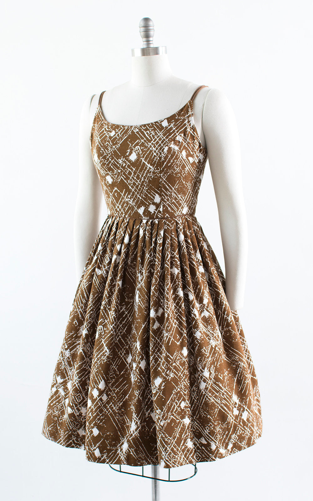 Vintage 1950s 1960s Dress | 50s 60s Cotton Plaid Polka Dot Printed Sundress Spaghetti Strap Day Dress (small)