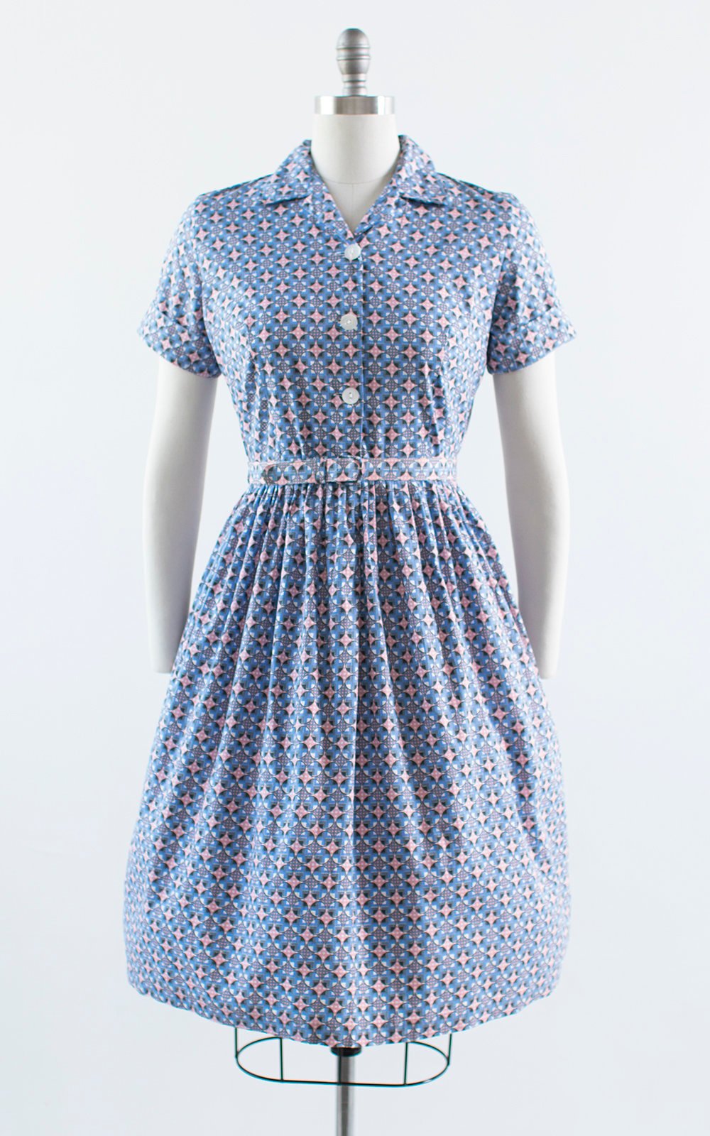 Vintage 1950s Dress | 50s Geometric Polka Dot Cotton Shirt Dress Blue Pink Shirtwaist Day Dress (medium)