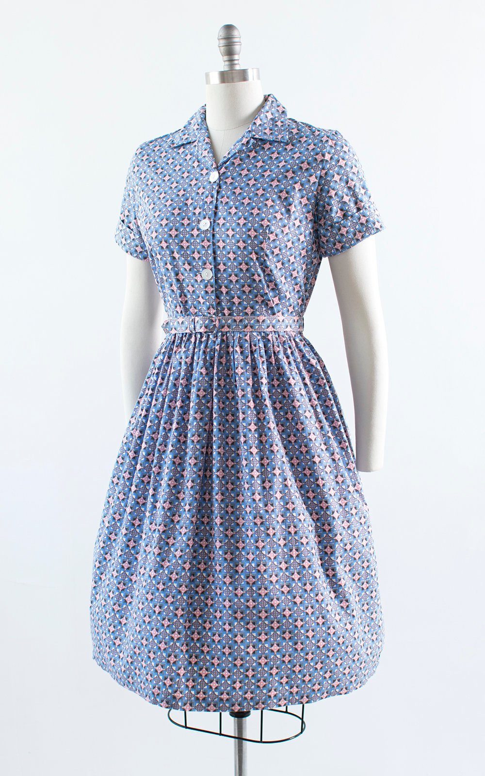 Vintage 1950s Dress | 50s Geometric Polka Dot Cotton Shirt Dress Blue Pink Shirtwaist Day Dress (medium)