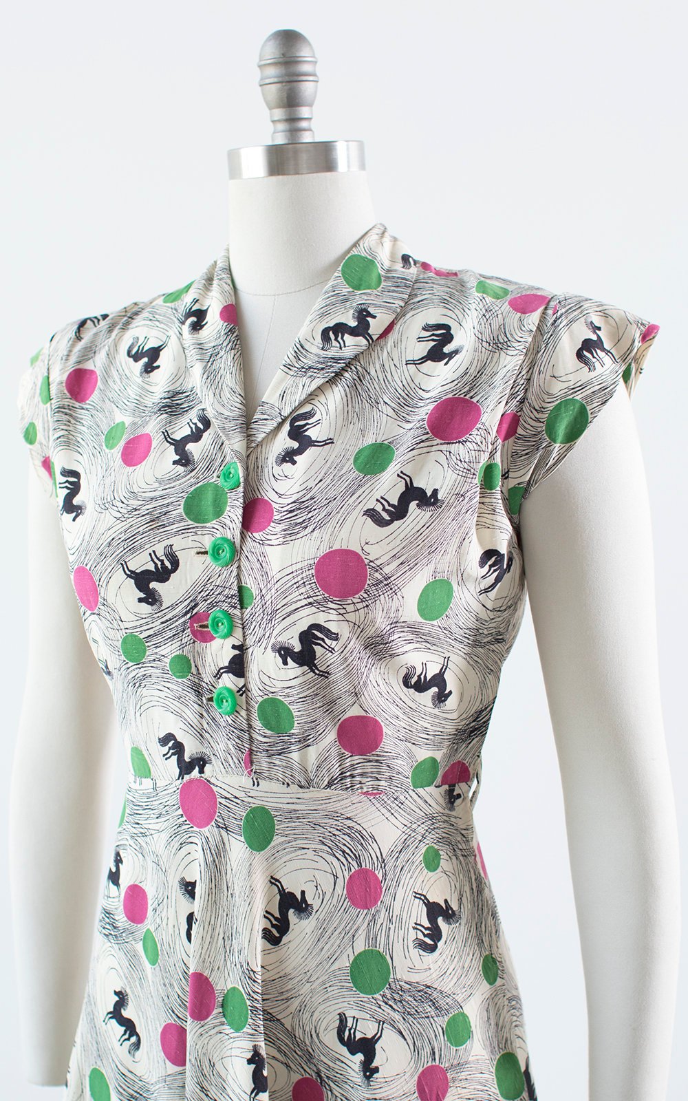 Vintage 1940s Dress | 40s Horse Novelty Print Polka Dot Shirt Dress Cream Rayon Full Skirt Shirtwaist Day Dress (small)