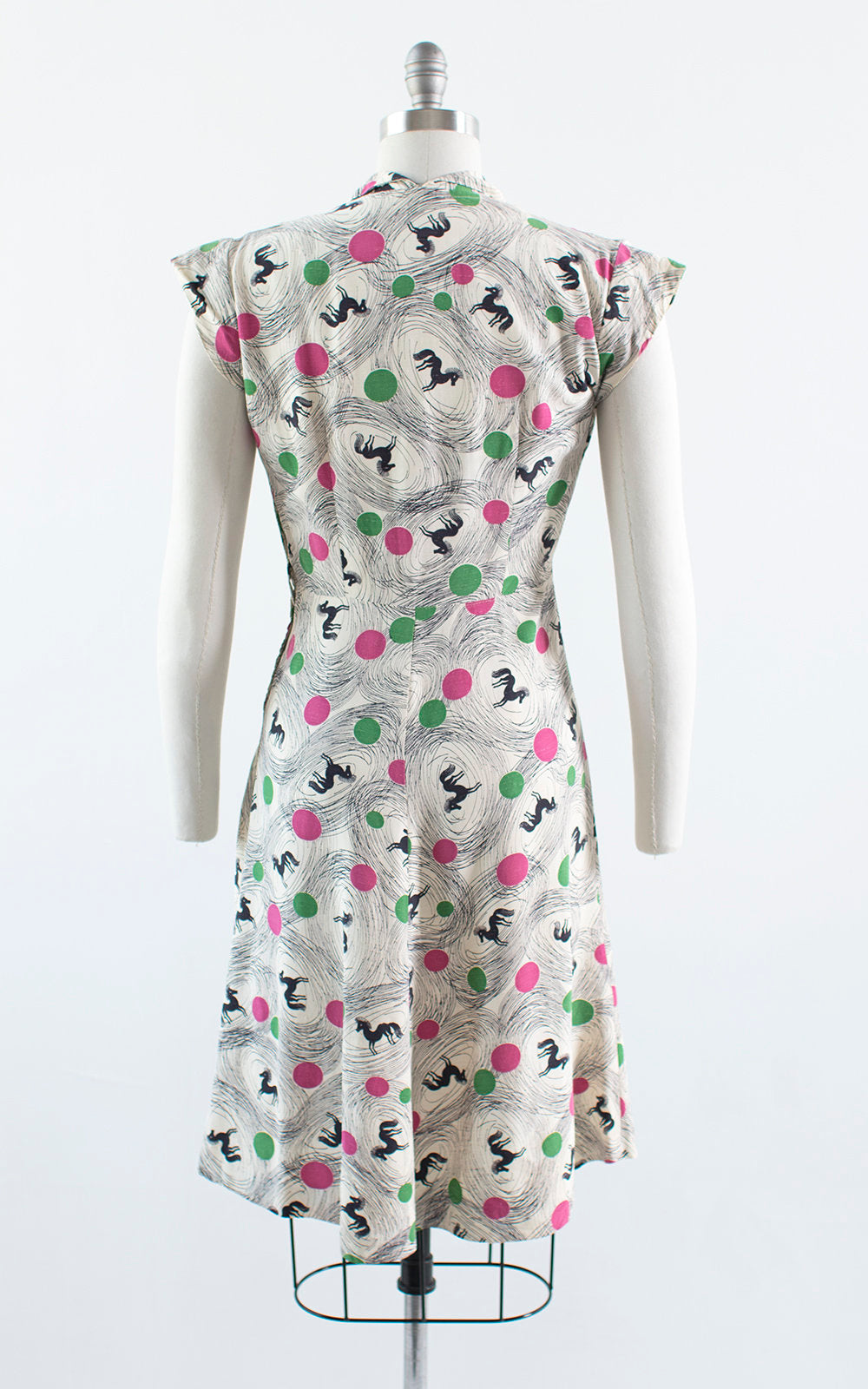 Vintage 1940s Dress | 40s Horse Novelty Print Polka Dot Shirt Dress Cream Rayon Full Skirt Shirtwaist Day Dress (small)