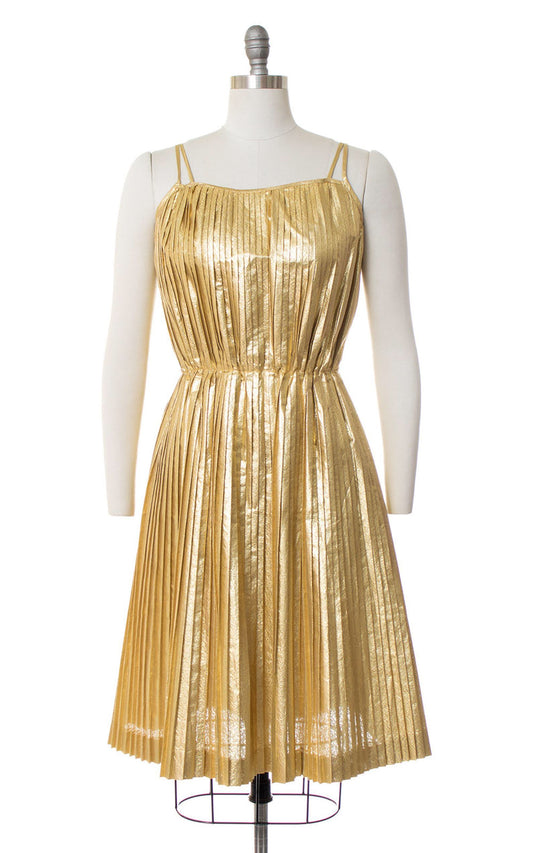 1970s Gold Lamé Pleated Party Dress | small