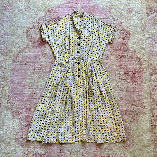 [AS-IS] 1940s Novelty Print Rayon Dress | large