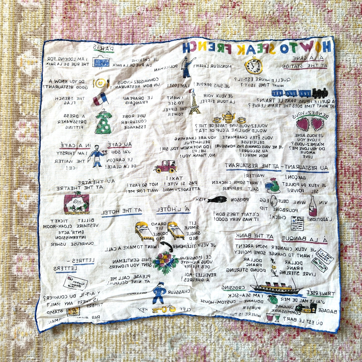 [AS-IS] 1950s “How to Speak French” Novelty Print Hankie