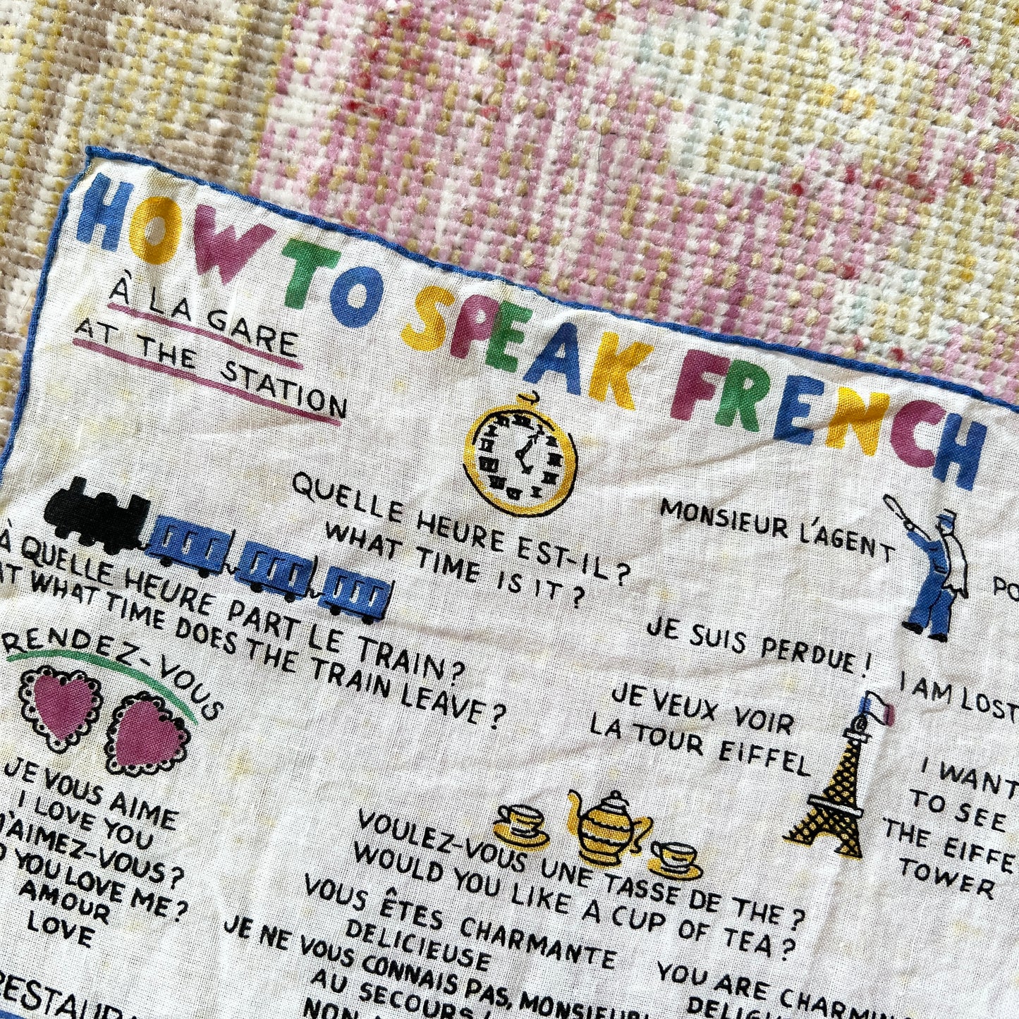 [AS-IS] 1950s “How to Speak French” Novelty Print Hankie