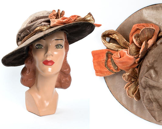 Edwardian 1910s Silk Velvet & Gold Lamé Floral Hat